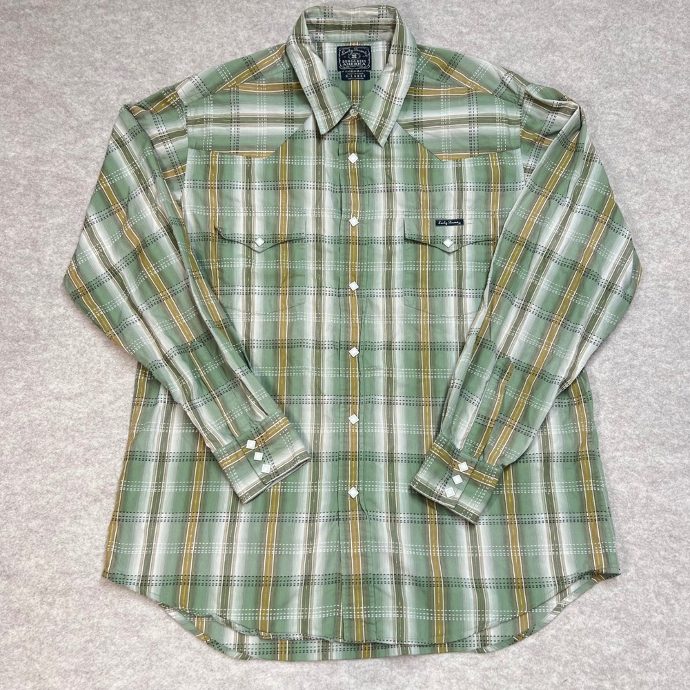 Lucky‎ Brand Mens Green Plaid Western Square Pearl Snap XL Cotton Y2K Cowboy EUC